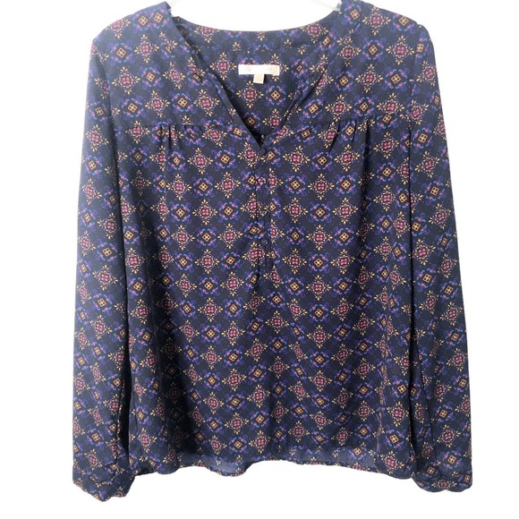 Skies Are Blue Women's V-Neck Patterned Long Sleeve Popover Blouse Size Medium - Picture 1 of 6